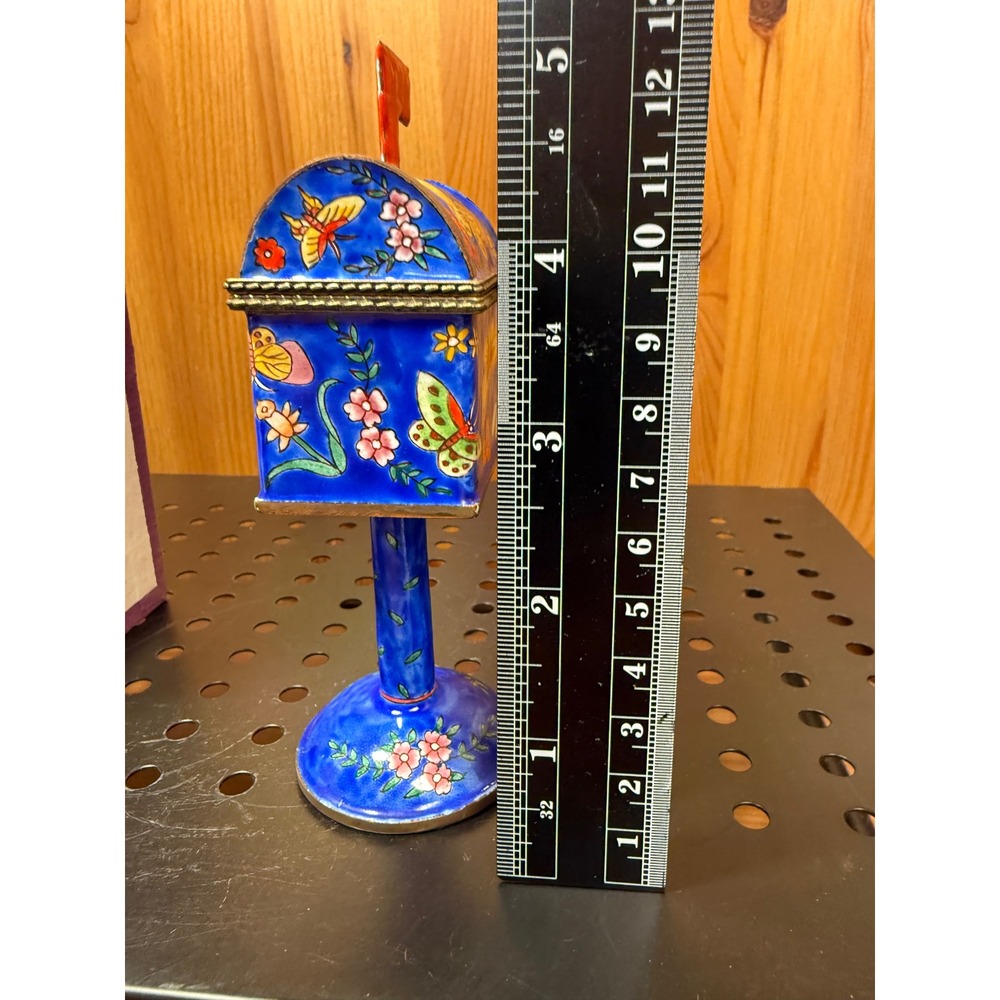 Empress Arts 2002 Enamel Mailbox Trinket Box Butterfly Floral 5.5" Stand - Picture 7 of 7